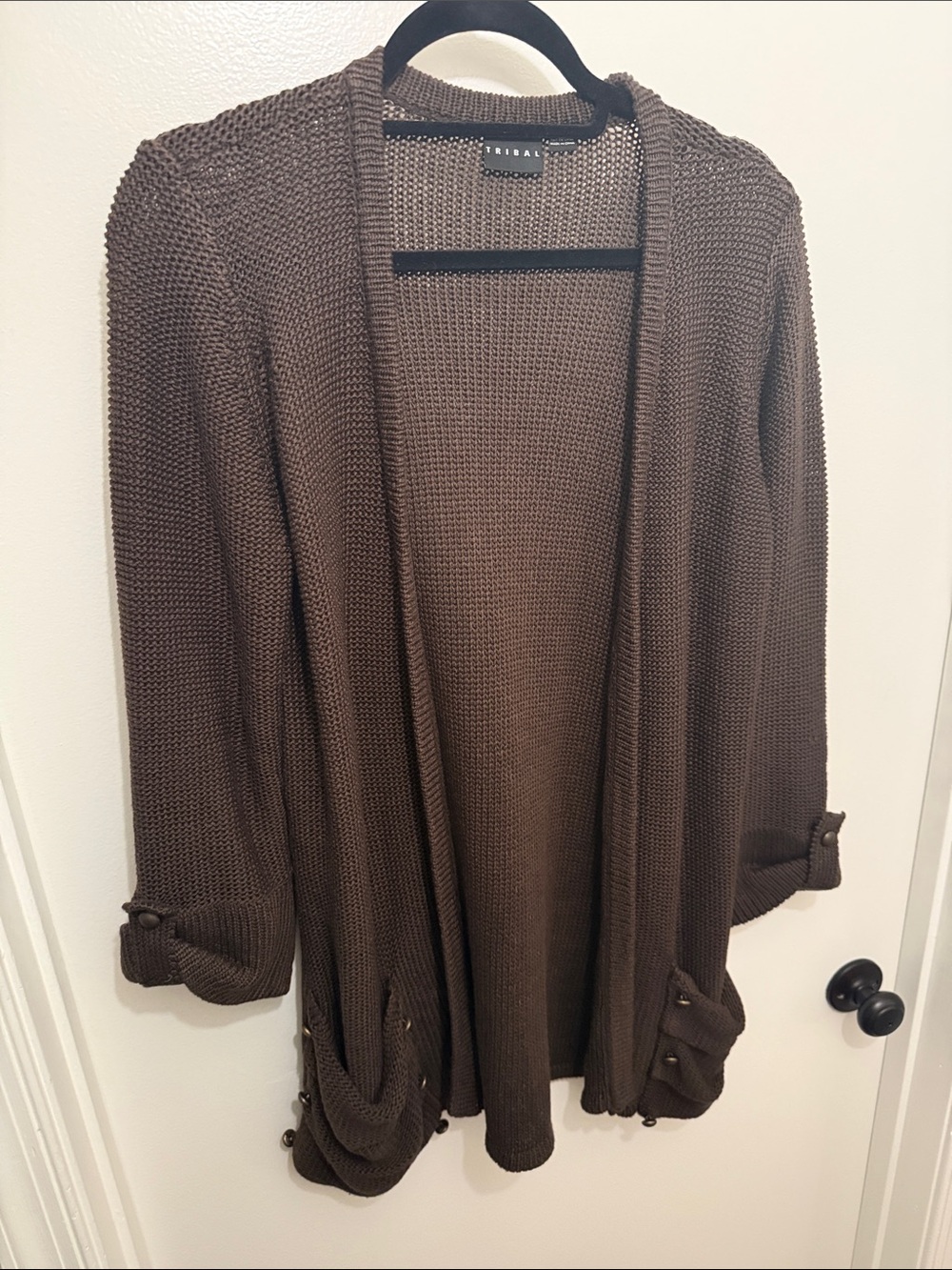 Tribal Chocolate Brown Open-Front Knit Cardigan